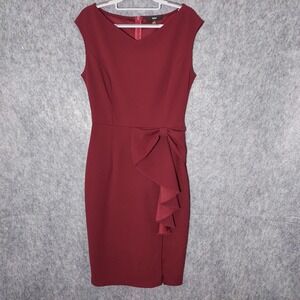 Knitee Sheath‎ Dress Women M Burgundy Red Bow Ruffle Slit Sleeveless Cocktail